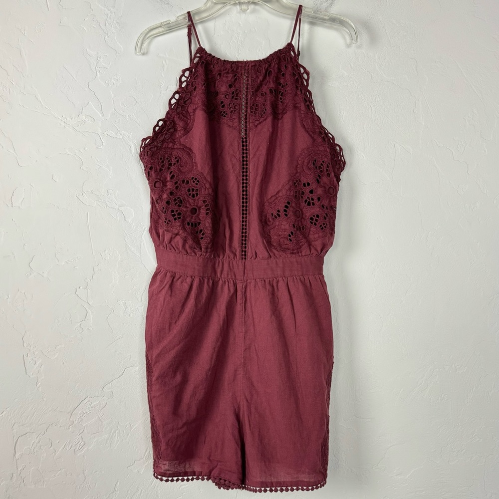 American Eagle Romper Shortie One Piece Maroon Red Solid Lace Embroidered Tassel